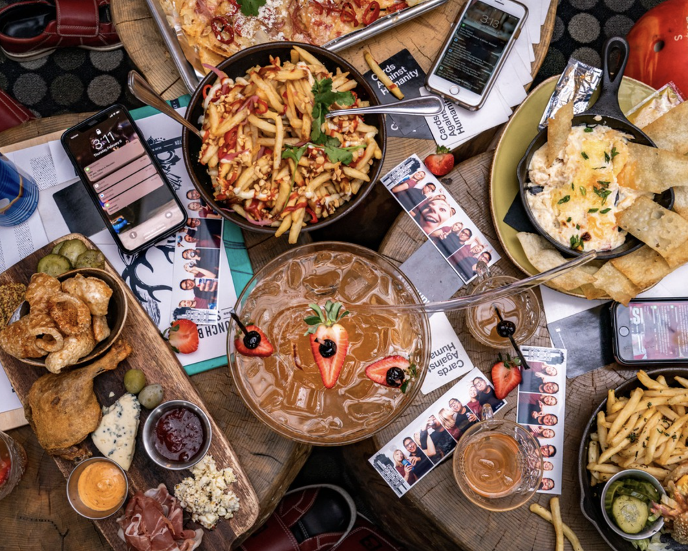 Food and drink spread on the table